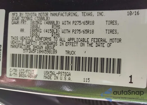 2017 Toyota Tundra Sr5 5.7L V8 from USA, damaged, VIN 5TFDW5F18HX598189